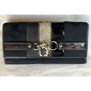 Coach Black Signature C Canvas Patchwork Patent Leather Snakeskin Trifold Wallet